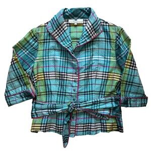 Marisa Baratelli 100% Thai Silk Tie Bow Waist Jacket Top Blouse Size 12 Plaid